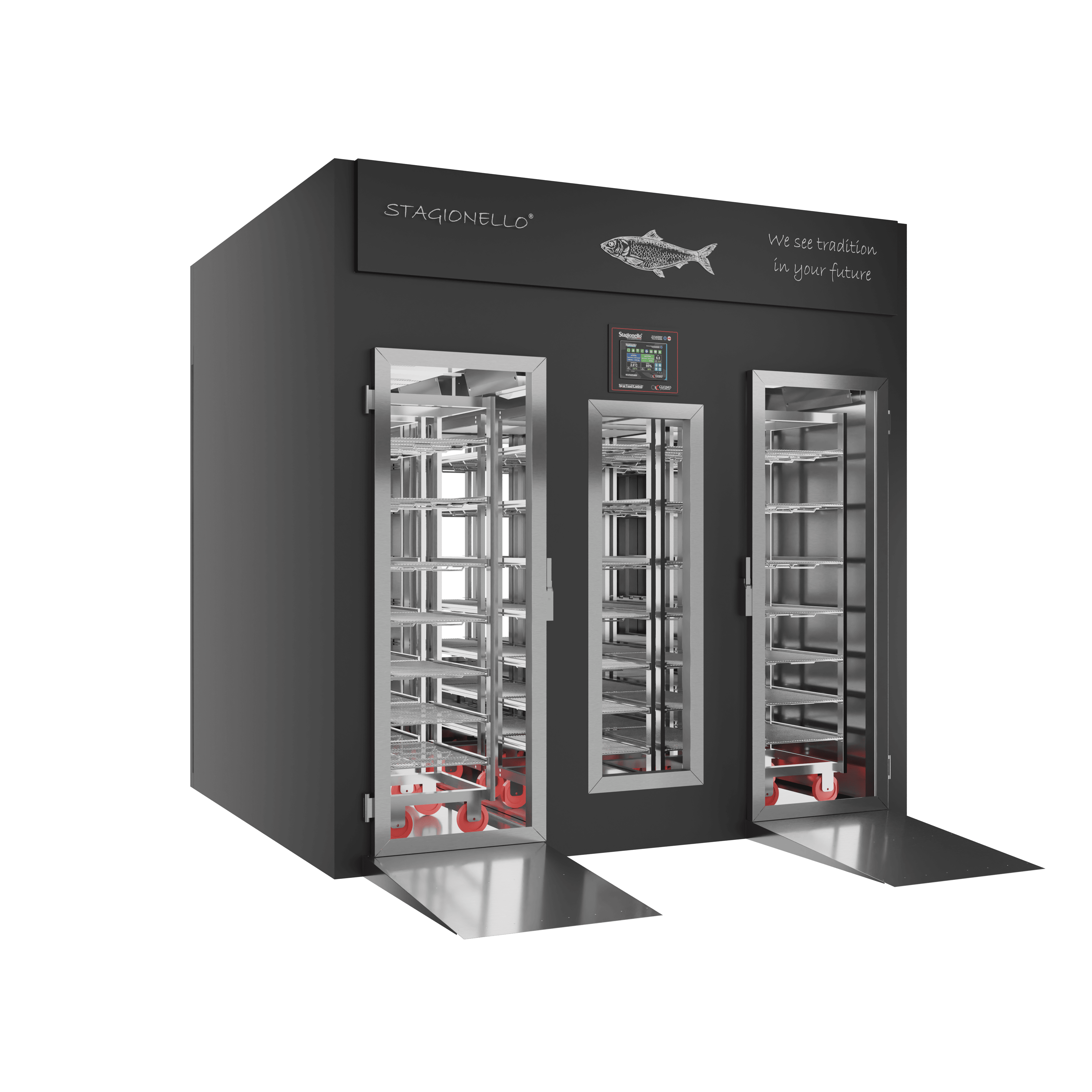 Stagionello® Fish Curing Device 1200 Kg Walk-in 2 glasses
